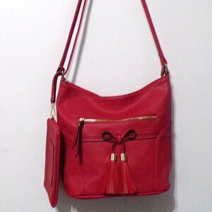 Red With Fringe Shoulder Bag with Gold Accents and Detachable Change Purse Zip